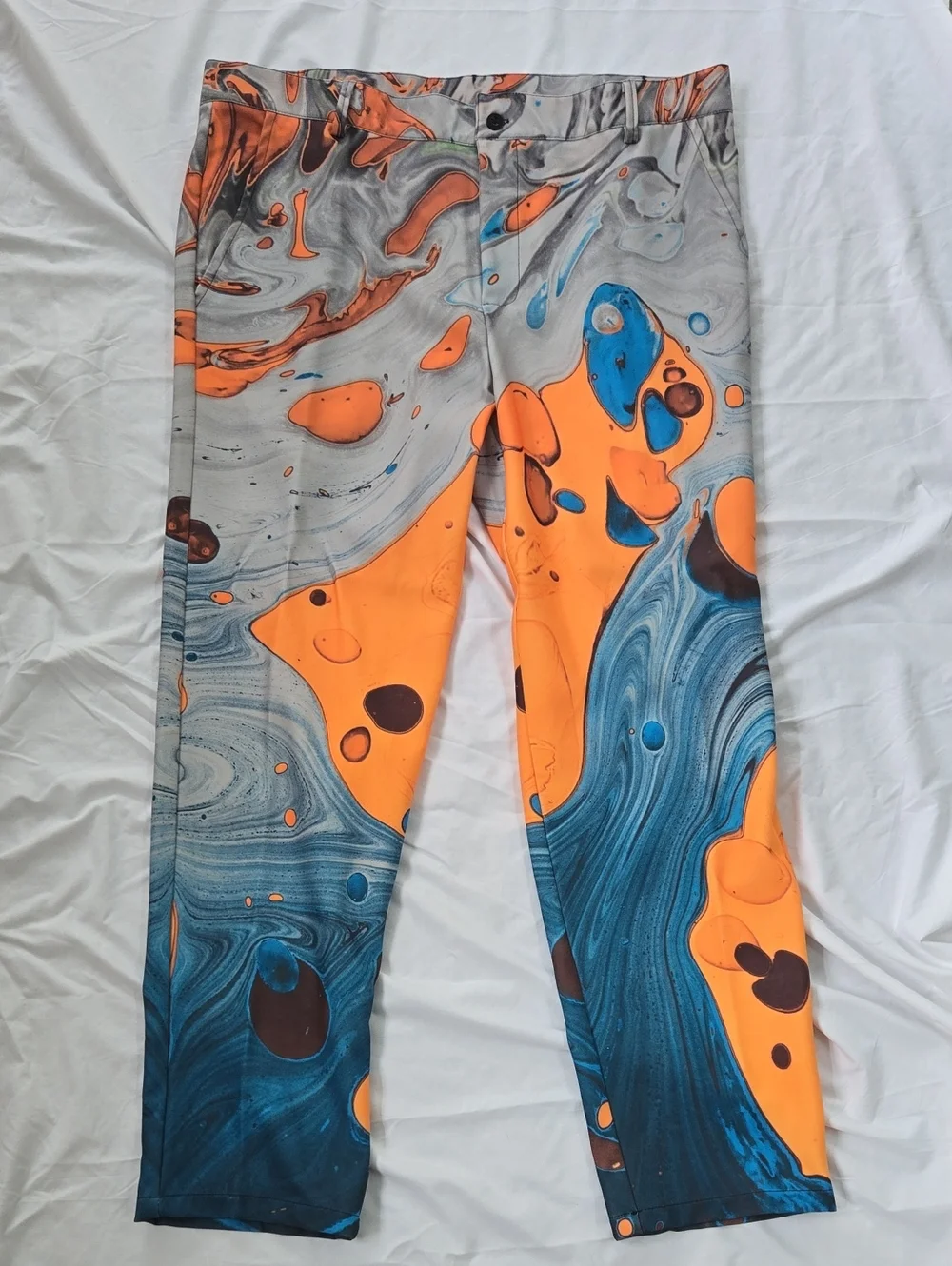 Men's GROOVY pants With Blue Aquatic Imagery And Yellow/Orange Abstract Shapes - Picture 1 of 13